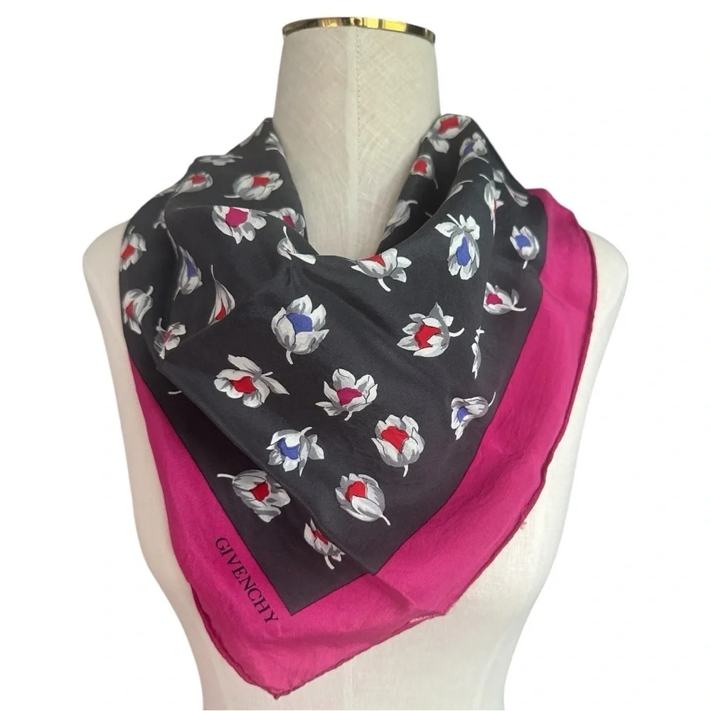 GIVENCHY 100% Silk Gorgeous Black Floral and Hot Pink Border 29” Scarf